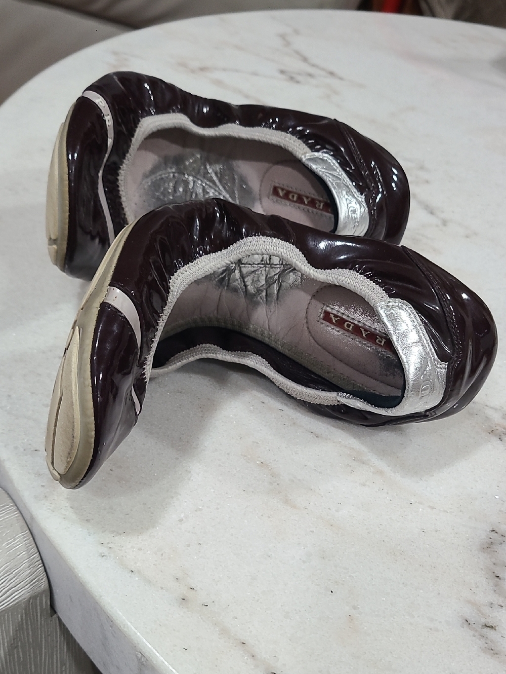 Prada Plum Patent Leather Ballet Flats with Silver Accents - Picture 3 of 9